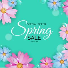 Promotion offer, card for spring sale season with spring plants, leaves and flowers decoration. Illustration