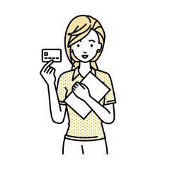 立って書類とカードを手に持つポロシャツの女性