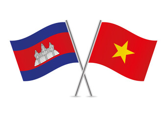 Cambodia and Vietnam crossed flags. Cambodian and Vietnamese flags, isolated on white background. Vector icon set. Vector illustration.