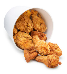 Fried chicken drop from falling paper bucket isolated on white background, Deep fried Chicken in paper bucket on white With clipping path.