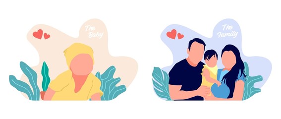 Flat style Illustration of a Cute Little Baby and a Harmonious and Happy Little Family