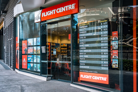 Brisbane, Australia - Mar 1, 2022: Flight centre tourism operator shop front