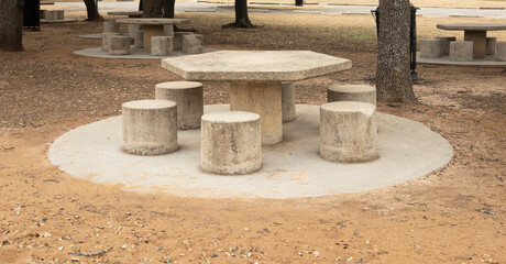 Concrete table and seats in he park.