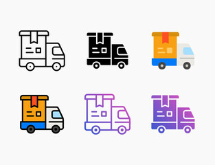 Delivery icon set with different styles. Style line, outline, flat, glyph, color, gradient. Editable stroke and pixel perfect. Can use for digital product, presentation, print design and more.