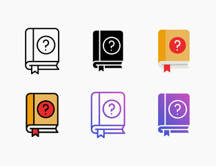 Book guide icon set with different styles. Style line, outline, flat, glyph, color, gradient. Editable stroke and pixel perfect. Can be used for digital product, presentation, print design and more.