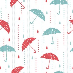 Red Blue Umbrella in Rainy Day Vector Graphic Art Seamless Pattern