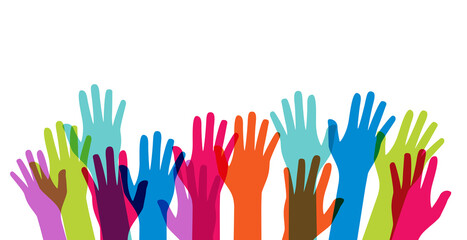 Multicultural and multiethnic people community integration concept with raised human hands. Racial equality of different culture and countries background. Illustration