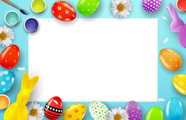 Easter poster template with 3d realistic Easter eggs and paint. Template for advertising, poster, flyer, greeting card. Illustration