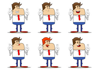 Simple retro cartoon of a businessman crossing his fingers and wishing for good luck. Professional finance employee white wearing shirt with red tie.