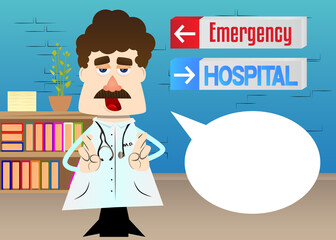 Funny cartoon doctor crossing his fingers and wishing for good luck. Vector illustration.