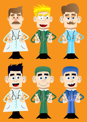 Funny cartoon doctor crossing his fingers and wishing for good luck. Vector illustration.