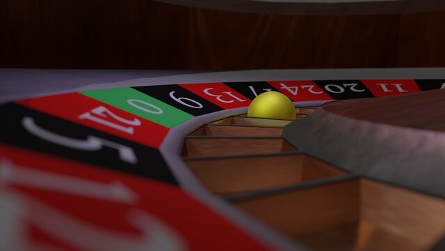 Casino roulette with closeup the yellow ball.3d render

