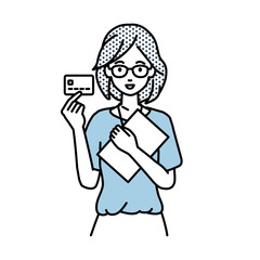 立って書類とカードを手に持つ教師の女性