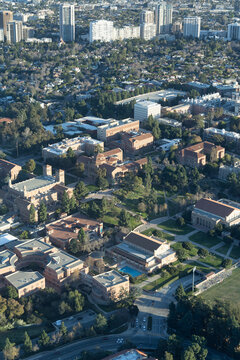 Aerial view of Westwood and the UCLA campus in Los Angeles