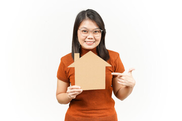 Holding House Cutout Of Beautiful Asian Woman Isolated On White Background