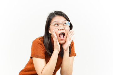 Shouting out loud with hands over mouth Of Beautiful Asian Woman Isolated On White Background