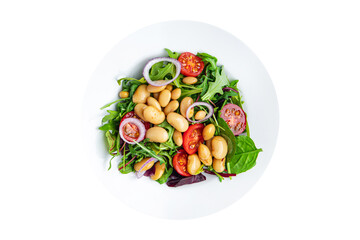 white bean salad , tomato, leaves lettuce mix fresh healthy meal food diet snack on the table copy space food background 