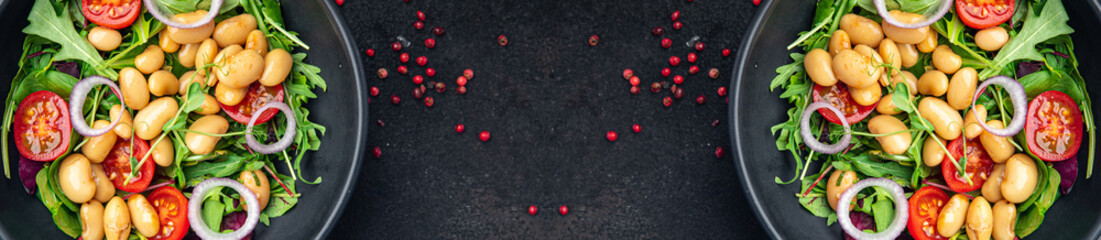 white bean salad , tomato, leaves lettuce mix fresh healthy meal food diet snack on the table copy space food background 