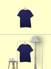 Navy t-shirt hanging on rack display and floating isolated on plain background