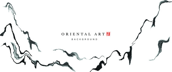 Abstract black ink painting on white background in traditional Japanese style. Oriental wallpaper with black watercolor brush texture. Asian design for banner, wall art, decoration, poster and print.