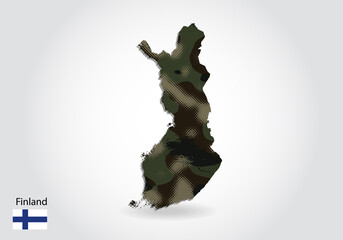 finland map with camouflage pattern, Forest - green texture in map. Military concept for army, soldier and war. coat of arms, flag.
