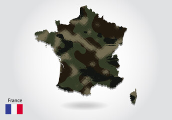 france map with camouflage pattern, Forest - green texture in map. Military concept for army, soldier and war. coat of arms, flag.