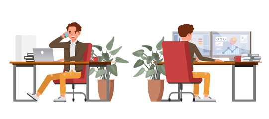 Set of businessman character vector design. Presentation in various action. People working in office planning, thinking and economic analysis.