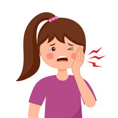 Little girl having painful toothache cartoon character in flat design. Dental problem and oral treatment concept.