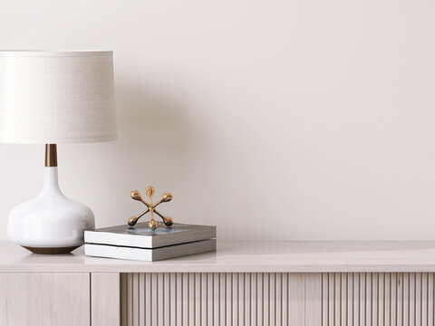 Modern design sideboard top with space, lamp, books in morning sunlight in living room with beige wall. 3D render of product display background, backdrop for home appliances, luxury lifestyle product.
