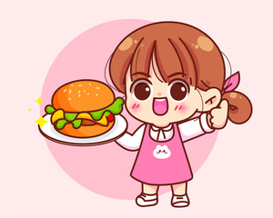 Cute girl holding burger food logo cartoon hand draw character vector art illustration