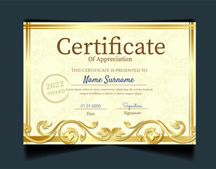 Luxury Certificate of appreciation template with vintage gold border.