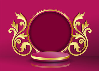 Podium and arts of Thailand gold color on pink background.  elegant style, expensive, used for displaying products, Vector illustration.