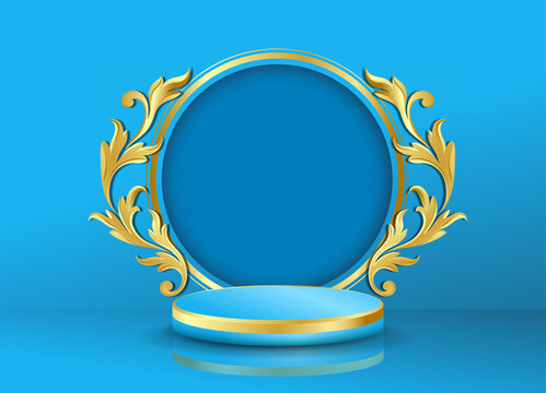 Podium And Baroque Gold Motifs On Blue Background.  Elegant Style, Expensive, Used For Displaying Products, Vector Illustration.