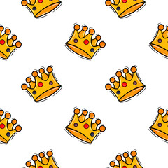 seamless pattern hand drawn kings crown with colored version on white background