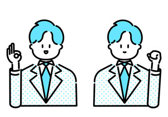 オッケーサイン・ガッツポーズをするビジネスマンのベクターイラスト素材セット（青）　Vector illustration set of businessman doing OK sign and guts pose (blue)