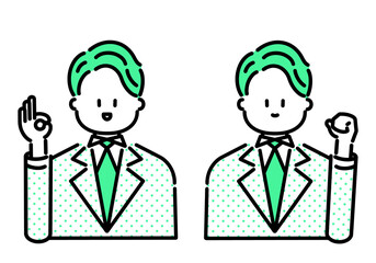 Fototapeta premium オッケーサイン・ガッツポーズをするビジネスマンのベクターイラスト素材セット（緑） Vector illustration set of businessman doing OK sign and guts pose (green)