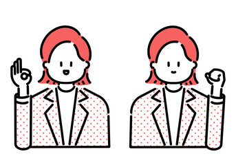 オッケーサイン・ガッツポーズをするビジネスウーマンのベクターイラスト素材セット（赤）　Vector illustration set of business woman doing OK sign and guts pose (red)