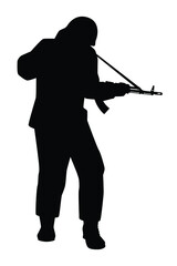 Soldier with rifle gun in war silhouette vector, military man in the battle.	
