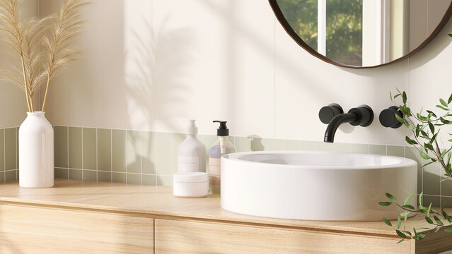 Wood vanity counter top and green wall tiles with ceramic washbasin and modern minimal style faucet in bathroom in warm morning sunlight and shadow. 3D render for product display background.