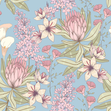 Seamless floral pattern. Vector background with hand drawn flowers