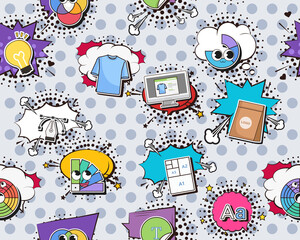 Vector flat seamless texture pattern Hand drawn flat trendy cartoon elements collection Branding design