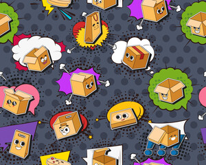 Vector flat seamless texture pattern Hand drawn flat trendy cartoon elements collection Cardboard Boxes