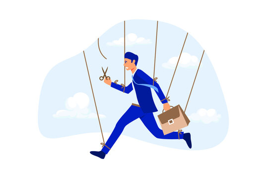Freedom for work and decision making, authority to work independently, stop micromanagement, or people manipulation concept, businessman marionette, puppeteer use scissors to cut controlled strings.