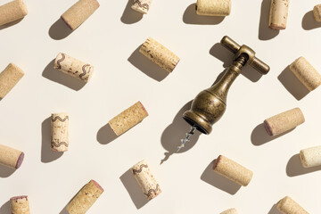 Pattern with wine corks and retro bottle opener from white and red wine on beige pastel background...