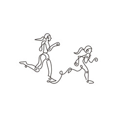 Draw one continuous line. mother and child running. Vector illustration