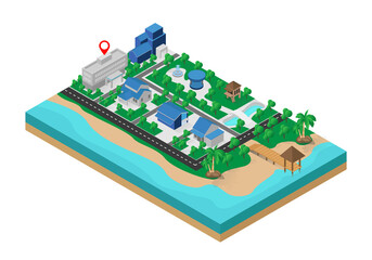 Isometric style illustration about a map of the location of a building in the middle city