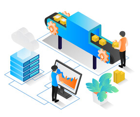 Isometric style illustration of a packing machine with computer controlling operator