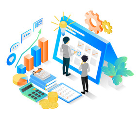 Isometric style illustration of business planning schedule with characters and date