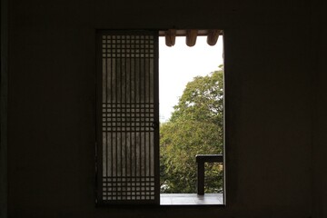 Inside Korean traditional architecture with open door