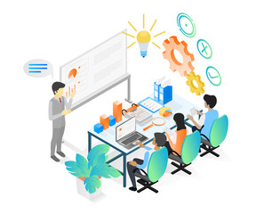 Isometric style illustration about a business team having a business growth meeting and discussion